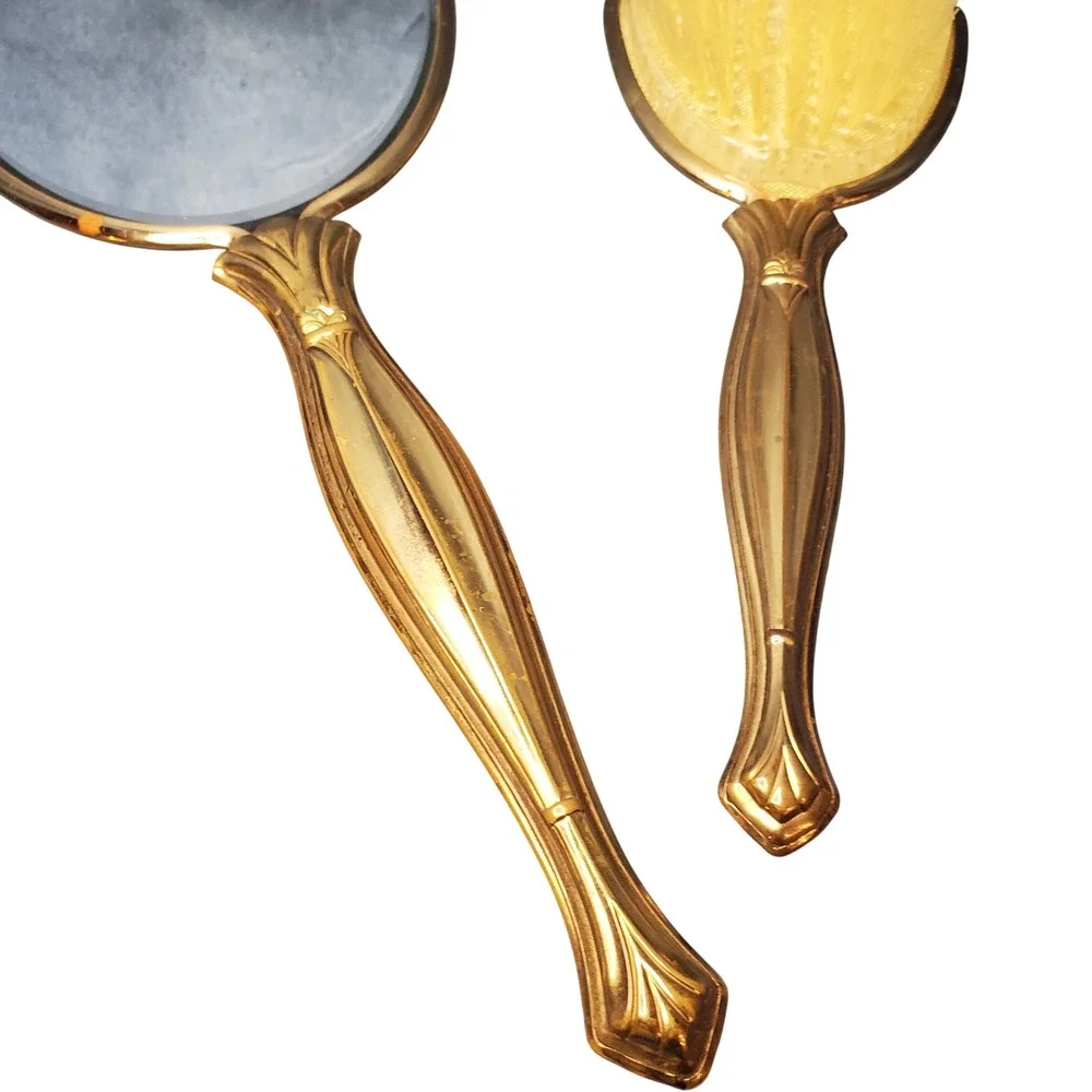 VTG 1950s Gold Tone Vanity Set Hand Mirror & Hair Brush Hollywood Regency Floral